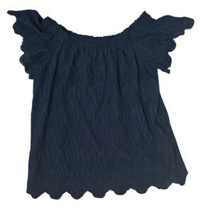 Ann Taylor Off Shoulder Scalloped Embroidery Top Navy, Size Large